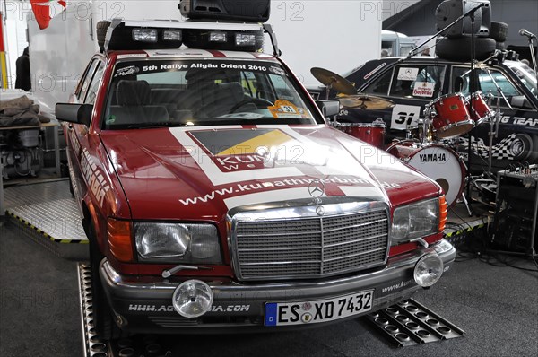 RETRO CLASSICS 2010, Stuttgart Messe, A red Mercedes-Benz rally car with roof rack for the Rallye Alpi Orientali, Stuttgart Messe, Stuttgart, Baden-Wuerttemberg, Germany, Europe