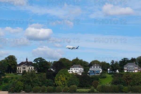 View over the Elbe beach in Hamburg harbour with Beluga aircraft, Hanseatic City of Hamburg, Hamburg, Germany, Europe