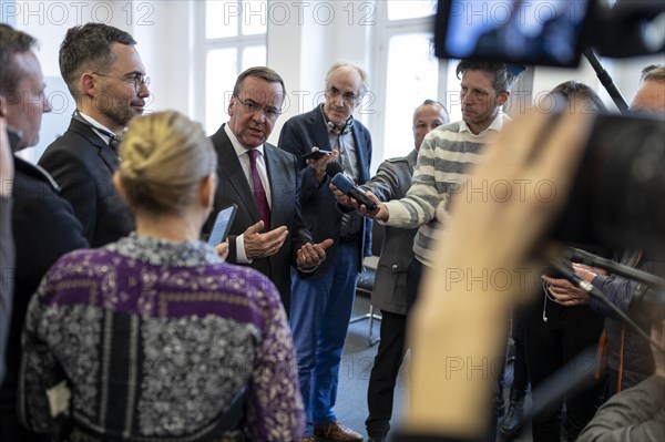 Boris Pistorius (SPD), Federal Minister of the Interior in conversation with media representatives after a press statement in Berlin, 22 March 2024