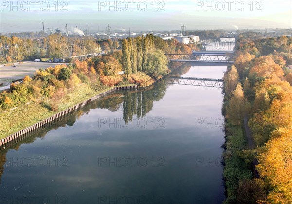 Aerial view of the Rhine-Herne Canal with industrial plants, Gelsenkirchen, 28 October 2015