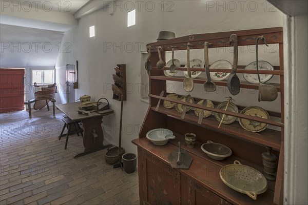 Kitchen with sideboard and laundry trough in a historic farmhouse from the 19th century, Open-Air Museum of Folklore Schwerin-Muess, Mecklenburg-Vorpommerm, Germany, Europe
