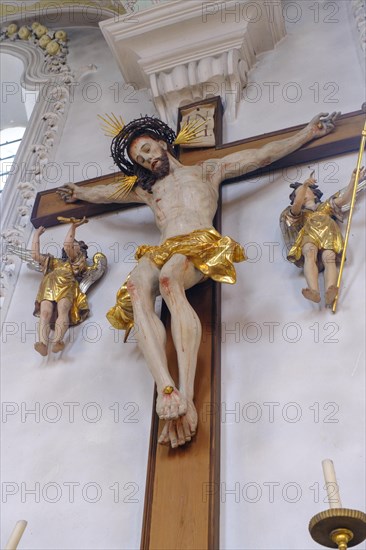 Christ on the cross, St Kilian's parish church, Easter, Bad Heilbrunn, Upper Bavaria, Bavaria, Germany, Europe