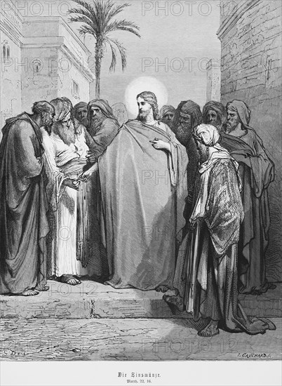 The interest coin, Gospel of Matthew, chapter 22, money, tax, coin, Jesus, halo, Pharisees, Herodians, city, palm tree, New Testament, Bible, historical illustration 1886