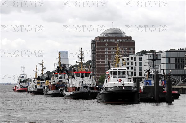 A row of tug boats at the quay in an urban harbour under a grey sky, Hamburg, Hanseatic City of Hamburg, Germany, Europe