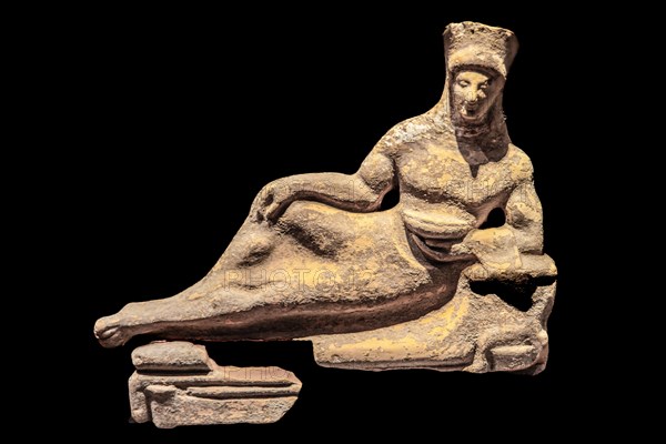 Semi-recumbent figure with naked torso, 5th century a.C., Archaeological Museum, Castello di Udine, seat of the State Museums, Udine, most important historical city of Friuli, Italy, Udine, Friuli, Italy, Europe