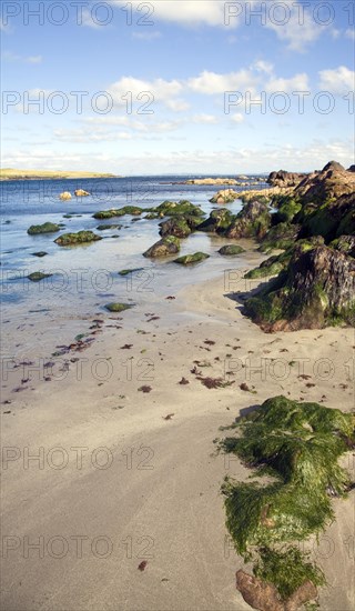 Rocks and sandy beach, Melby, near Sandness, Mainland, Shetland Islands, Scotland, United Kingdom, Europe