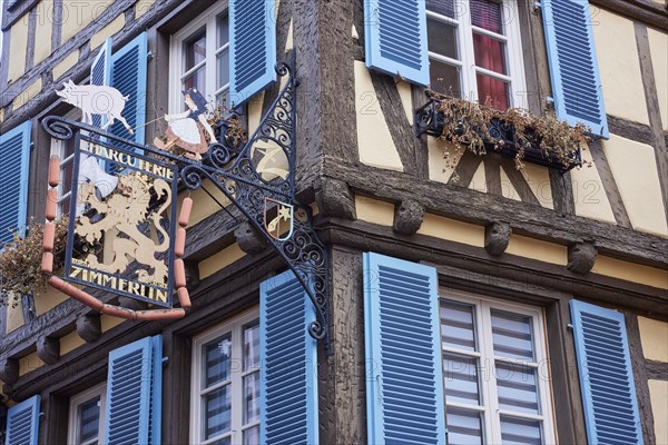 Charcuterie sign on a historic half-timbered house in the old town centre of Colmar, Department Haut-Rhin, Grand Est, France, Europe