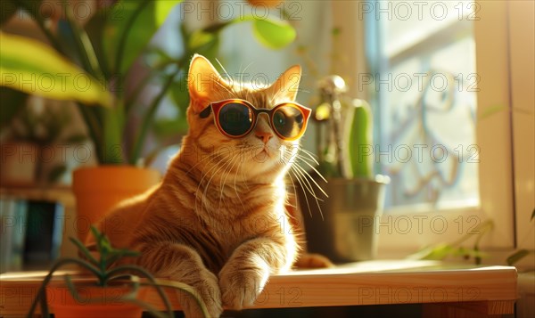 Relaxed cat with sunglasses sitting by a sunny window surrounded by plants AI generated