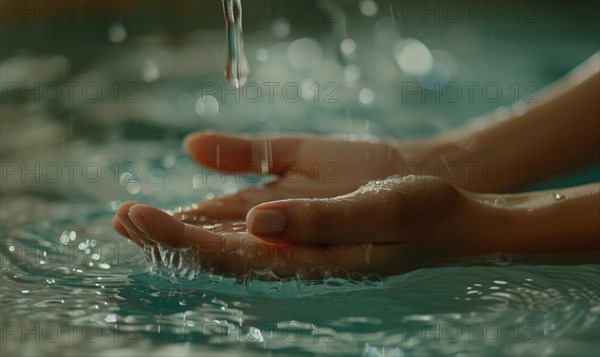 Hands catching water droplets, creating serene reflections on a water surface with a tranquil atmosphere AI generated