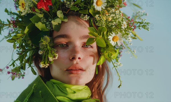 A young woman adorned with a vibrant floral crown and green clothing looks pensively into the distance AI generated