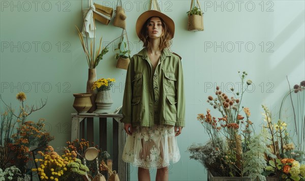 Woman in a serene rustic setting surrounded by an array of plants, vintage aesthetic AI generated