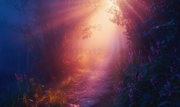 A pathway illuminated by magical light at twilight, with flowers and ethereal purple hues AI generated