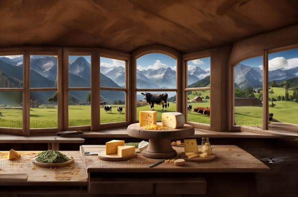 Cheese production on a farm in the alps mountains, cows graze in the mountains, AI generated