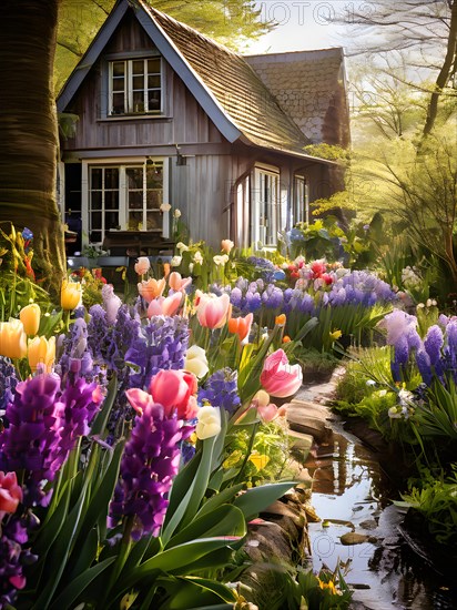 Traditional cottage garden with spring flowers tulips hyacinths pansies in warm morning light, AI generated