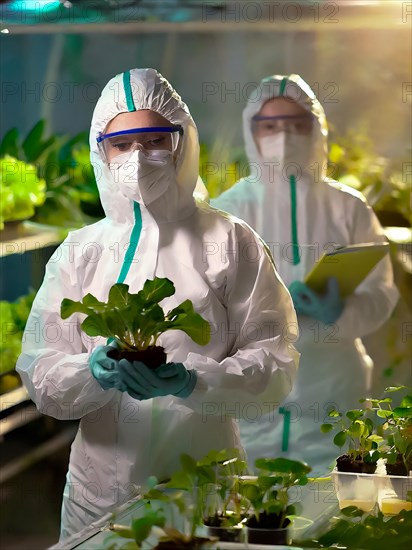 Biologists in protective suits grow vegetables in the lab, the concept of biotechnology, plant care and protection against diseases, organic food production, AI generated, AI generated