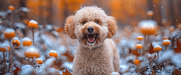 A joyful poodle playing among orange pumpkins as snow gently falls in an autumn setting, AI generated