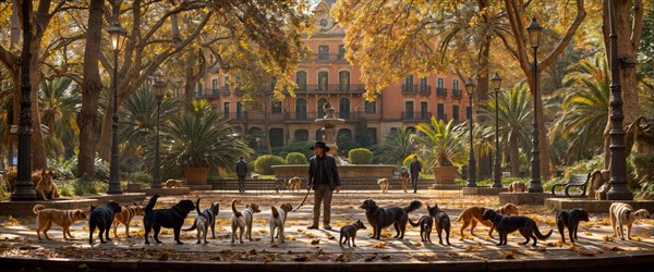 Person standing among dogs in a peaceful park setting with autumn trees, AI generated