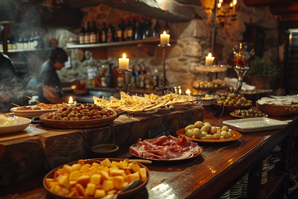 A cozy buffet setting with an array of cheeses and appetizers by candlelight, AI generated