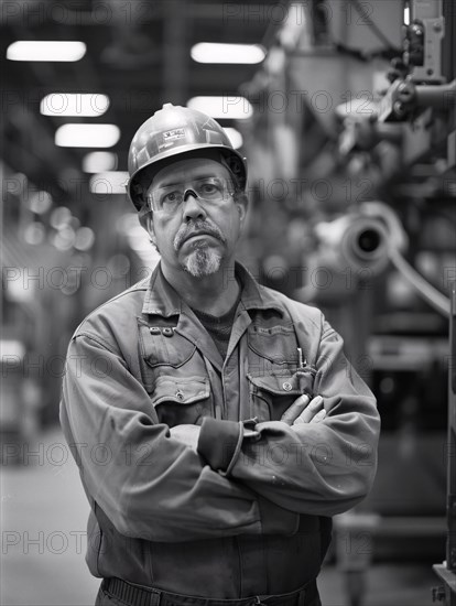 Serious worker with safety gear standing with arms crossed in an industrial setting, AI generated