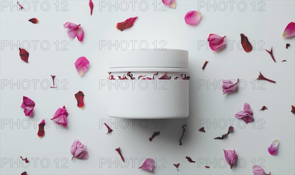 Blank creme jar mockup with scattered flower petals on a white background, beauty in nature AI generated