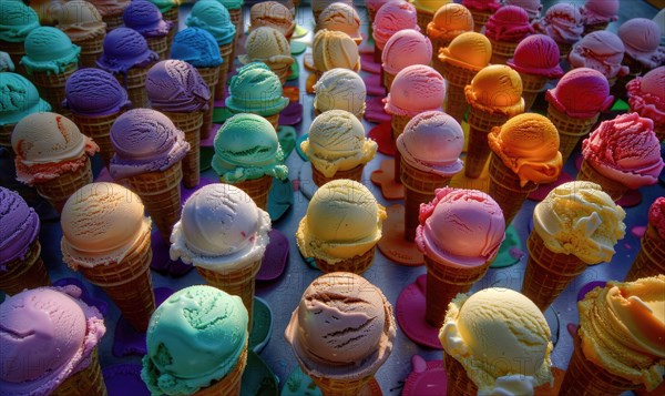 Colorful assortment of ice cream cones on the shop showcase. Colorful ice cream background AI generated