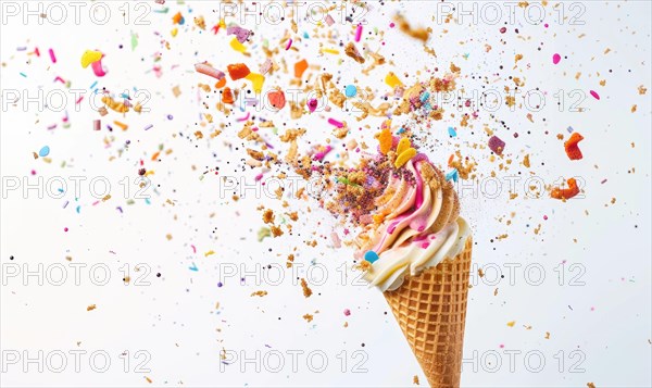 Ice cream cone explosion on white background AI generated