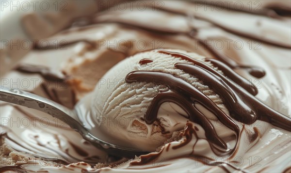 Ice cream scoop with chocolate syrup swirls closeup view AI generated