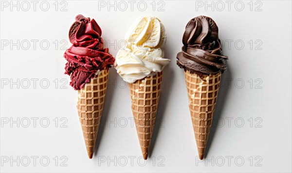 Neapolitan ice cream cones on white background AI generated