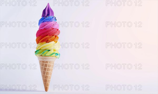 Rainbow-colored ice cream cone on white background AI generated