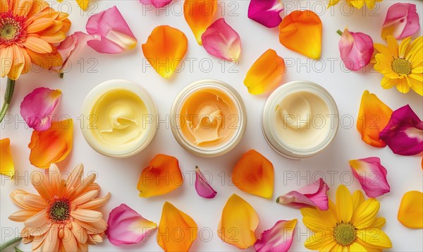 Three creme jar blank mockups nestled amidst delicate flower petals on a white background AI generated