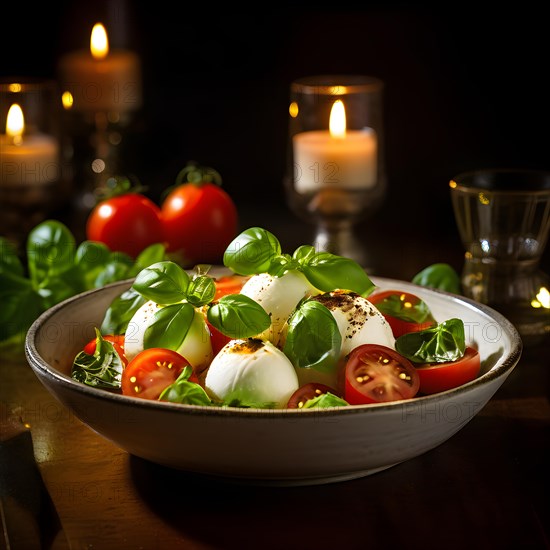 Caprese salad featuring spherical mozzarella succulent tomatoes, AI generated