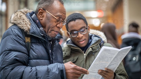African american Old university professor and a young adult student engrossed in reading a paper together, AI generated