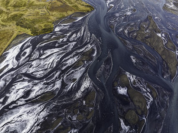 Overgrown river landscape, Eldhraun, near Kirkjubaejarklaustur, drone image, Sudurland, Iceland, Europe