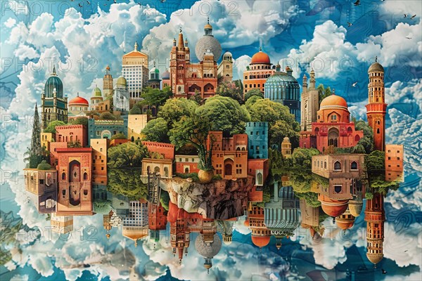 Surreal fantasy scene of dream-like architecture on floating islands among clouds, illustration, AI generated