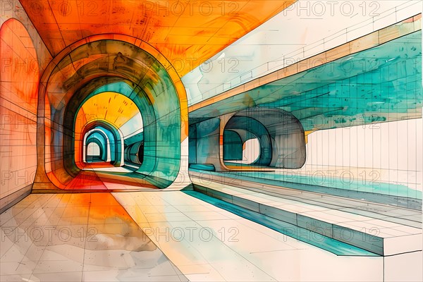 Abstract watercolor painting of a colorful tunnel, emphasizing the dynamic play of light and perspective, AI generated