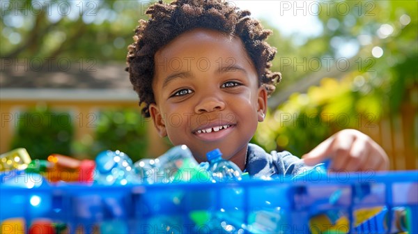 Happy child hold empty used bottles on a blue bin on a sunny day, plastic waste separation, reduction and recycling concept, AI generated