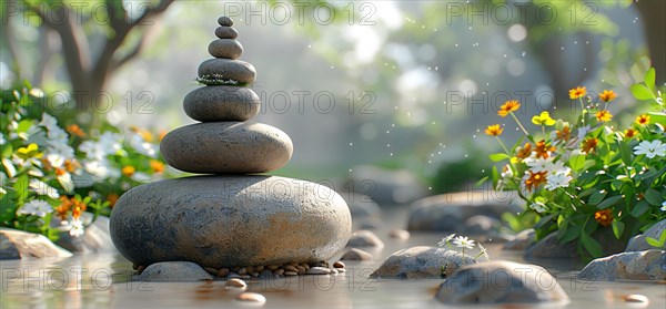 A rock tower balanced in a zen garden with morning dew and flowers, image depicting relaxation, recreation, serenity, naturalness, meditation, enjoyment concepts, AI generated
