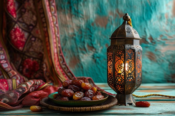 Ramadan lantern with a plate of succulent figs, set on an ornate table with intricate designs, evoking the rich traditions and serene moments of the holy month, AI generated