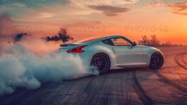 A performance car doing a burnout in a dynamic pose at dawn, with smoke and a pastel sky, AI generated