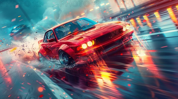 Red car drifting on a city street at night with motion blur, watercolor painting style, AI generated