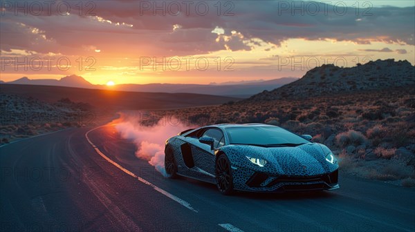Italian expensive camouflaged Supercar driving through desert at sunset with dust trail, AI generated