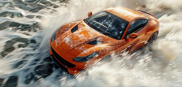 Orange sports car racing through water with dynamic splashing, AI generated