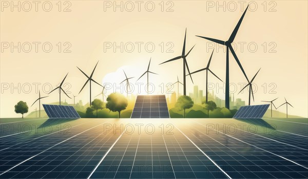 Renewable energy landscape with solar panels and wind turbines at sunrise, illustrating sustainability, ai generated, AI generated
