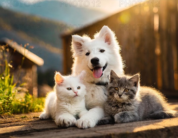 Dog, puppies of a white shepherd dog playing with two young white cats, AI generated, AI generated