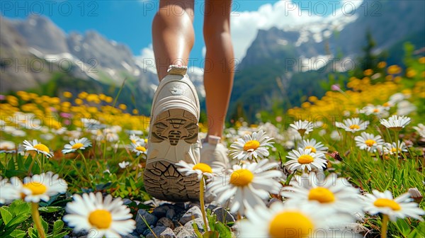 Close-up of hiking boots on a trail with sunlit mountainous landscape in the distance, AI generated