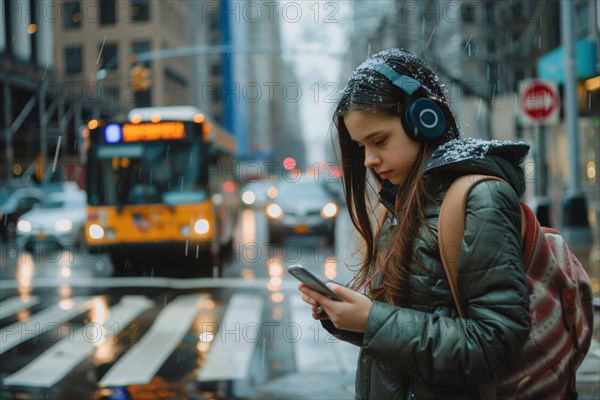 Schoolgirl with headphones looking at her smartphone on a busy street in a city, symbolic image for accident risk due to media distraction in road traffic, AI generated, AI generated, AI generated