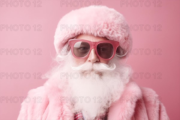 Modern Santa Claus interpretation with old man with long white beard and pastel pink clothing and sunglasses in front of studio background. KI generiert, generiert, AI generated