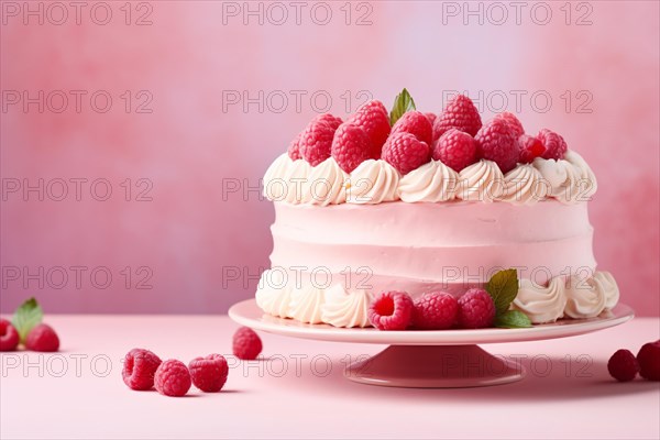 Buttercream cake with fresh rasberry fruits on pink background. KI generiert, generiert, AI generated