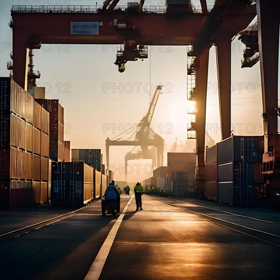 Bustling container terminal capturing the scene from the inner depths as colossal cranes, AI generated