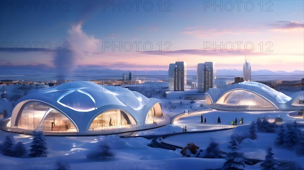 Concept for arctic city designed for sustainability featuring geothermal heating, AI generated